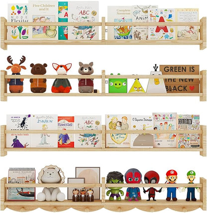 34Inch Nursery Bookshelves,Set of 4,Wall Floating Shelf Kids Coat Rack with 6Hooks,Hanging Book Shelf for Baby Nursery Room Décor， Patent Number: 29958098(Burlywood, 34)