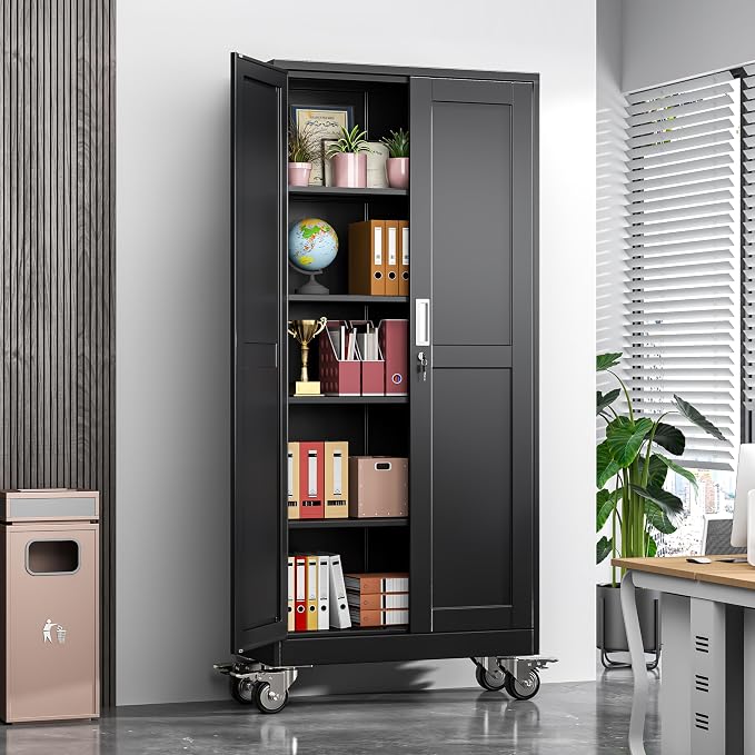 Metal Garage Storage Cabinets and storage system, 71”Tall Rolling utility cabinet with Wheels, Lock, 4 Adjustable Shelves, Heavy Duty Steel Tool Locker for Home Office, Utility Room, Gym,Black