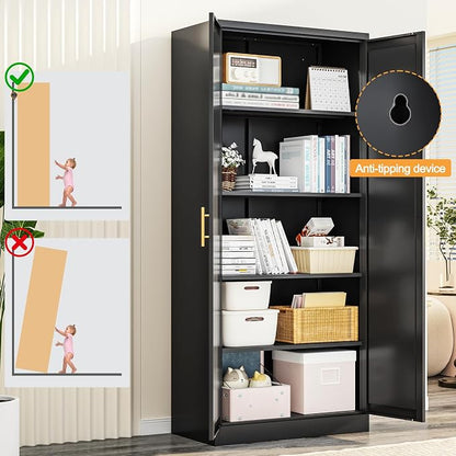 71" Tall Kitchen Pantry Cabinet, Metal Kitchen Pantry Storage Cabinet with Doors and 4 Adjustable Shelves, Black Pantry Cabinet for Living, Dining Room, Bathroom