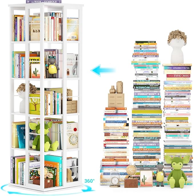 Aheaplus Rotating Bookshelf, Corner Bookcase, 360 Display Wood Spinning Bookshelves, Floor Standing Bookcases Narrow Shelf, 5 Tiers, White