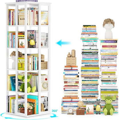 Aheaplus Rotating Bookshelf, Corner Bookcase, 360 Display Wood Spinning Bookshelves, Floor Standing Bookcases Narrow Shelf, 5 Tiers, White