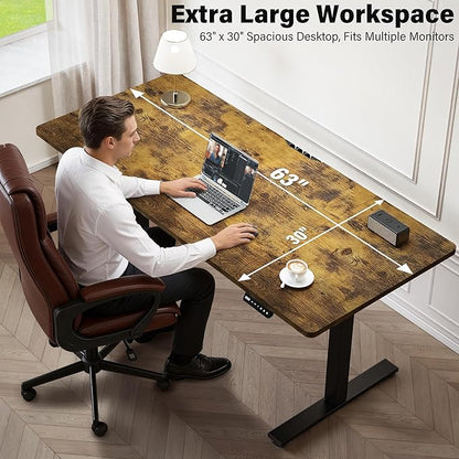 Electric Standing Desk, 63 x 30 Inch Extra Large Desktop, Adjustable Height Sit Stand Desk, Home Office Workstation for Dual & Triple Monitor, Rustic Brown