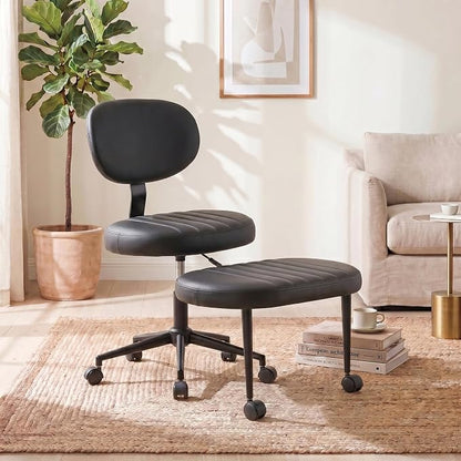 Cross Legged Office Chair with Wheels, 360 Swivel Height-Adjustable Meditation Chair with Lumbar Support, PU Leather, Black