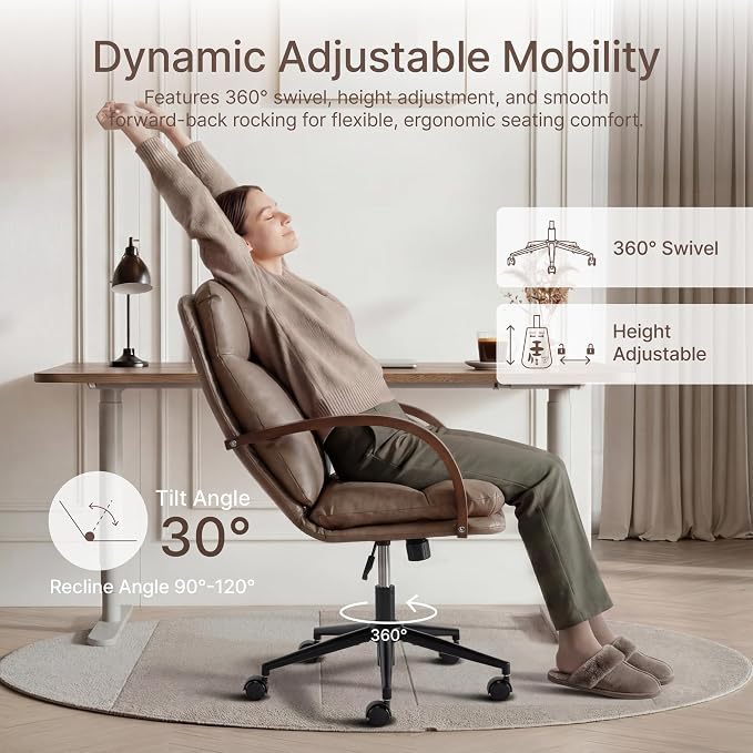 KISLOT Home Office Desk Chair, Ergonomic Office Chair with Lumbar Support, Adjustable Swivel Computer Chair with Wheels, Faux Leather Executive Task Chair with Wood Arms, Set of 2, Brown