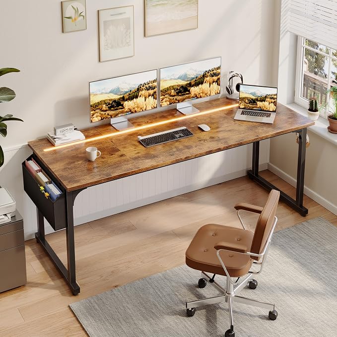 DurayLoly 71"Computer Desk with LED Lights, Large Office Desk for 3 monitors or 2 laptops,Long Desk with Storage Bag&Headphone Hook for Study Writing Work Gaming Desk,Sturdy Metal Frame,Bedroom,Brown