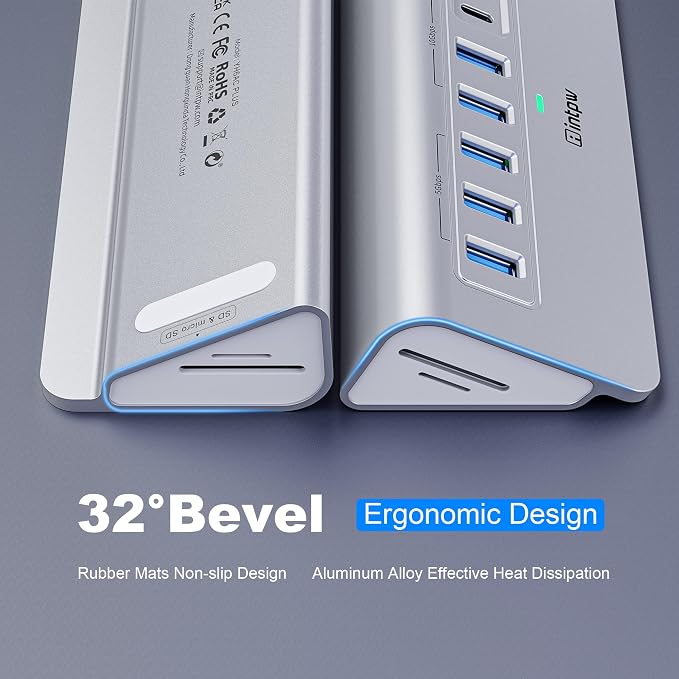 Powered USB Hub 10Gbps, Intpw YH6AC Plus 10-Port USB Hub 3.2 (USB A/USB C 3.2+3 USB-A 3.0+2 PD 45W Fast Charging Port+SD/TF Card Reader), 65W Power Adapter,Aluminum USB HUB for PC,Laptop,iPhone 17/16