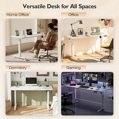 Monomi 55 Inch Electric Standing Desk, Height Adjustable Sit Stand Up, Work Home Office Computer PC Desks, Gaming Writing Study Bedroom Rising Table with Two-Piece Desktop, White