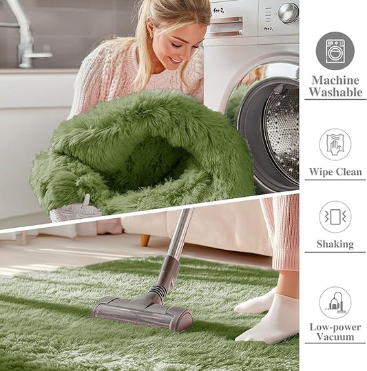 OLANLY 2x3 Machine Washable Small Bedside Rug, Soft Fluffy Shaggy Entryway Throw Rugs for Bedroom, Living Room, Indoor Floor Carpet for Kids Girls and Boys, Home Decor Aesthetic, Green