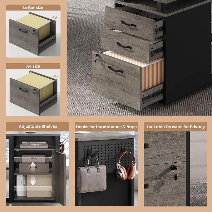 78" Executive Desk with Lockable File Cabinet, L Shaped Office Desk with Power Outlets, Large Executive Desk with Drawers and Storage Shelves , Reversible Computer Desk with Privacy Screen, Grey