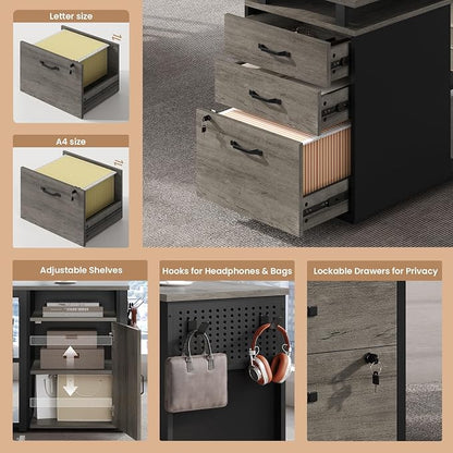 78" Executive Desk with Lockable File Cabinet, L Shaped Office Desk with Power Outlets, Large Executive Desk with Drawers and Storage Shelves , Reversible Computer Desk with Privacy Screen, Grey