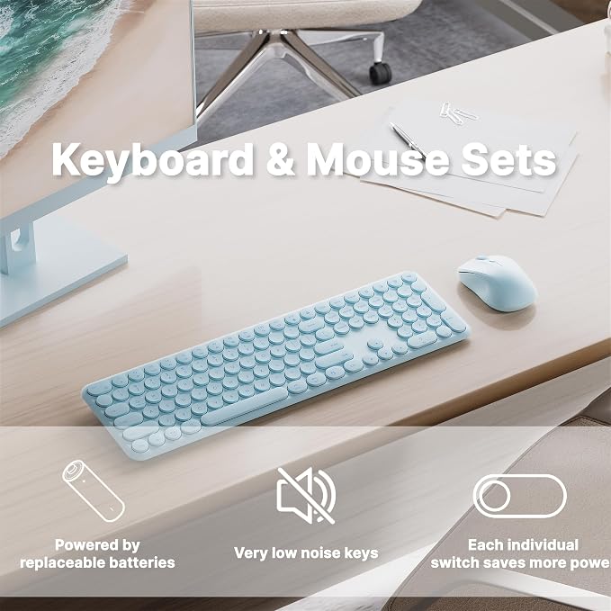 Wireless Keyboard and Mouse Combo with 110 Round Keycaps, Power Switch, and Scissor-Switch Typing Feel – Ideal for Office Use (Blue)