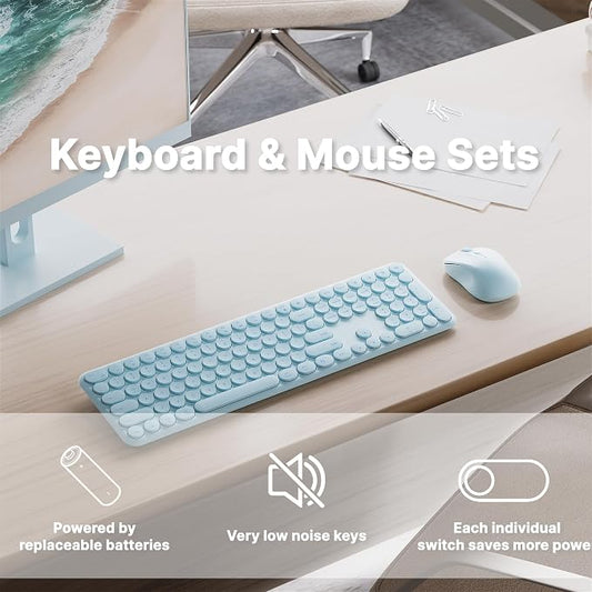 Wireless Keyboard and Mouse Combo with 110 Round Keycaps, Power Switch, and Scissor-Switch Typing Feel – Ideal for Office Use (Blue)