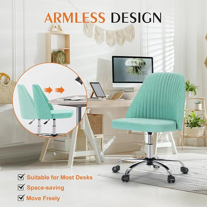 Sweetcrispy Armless Vanity Chair, Cute Comfy Home Office Desk Chair with Wheels, Modern Upholstered Task Computer Seat for Bedroom, Study, Makeup Vanity, Height Adjustable & Swivel, Mint