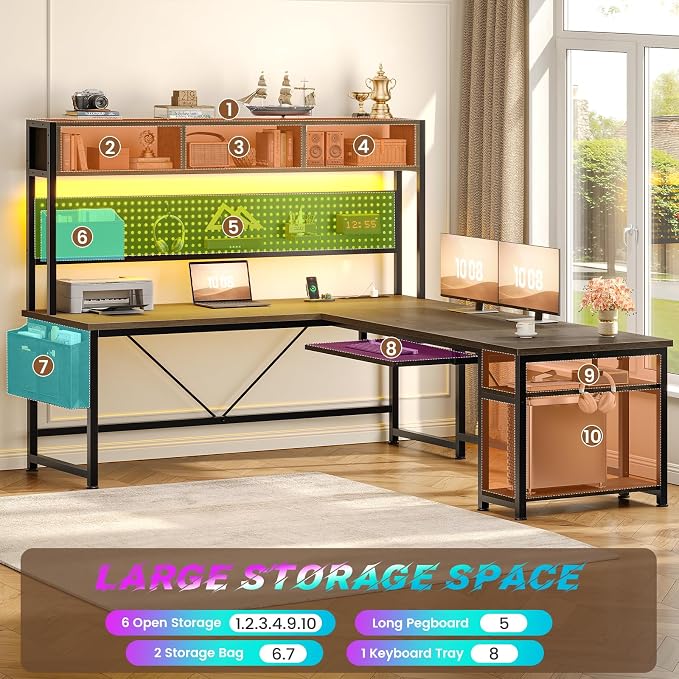 SEDETA L Shaped Desk, 94.5 Inch Office Desk with Power Outlet & Pegboard, L Shaped Desk with Led Light, Keyboard Tray, Storage Shelves and Headphone Hook for Home Office, Walnut Brown