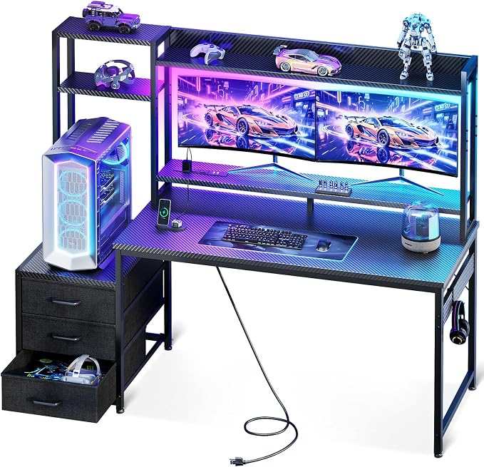 Casaottima 55 Inch Gaming Desk with Hutch & 3 Fabric Drawers, Computer Desk with USB Ports & LED Lights, Reversible Pc Gamer Table with Monitor Stand for Home Office, Carbon Fiber Black