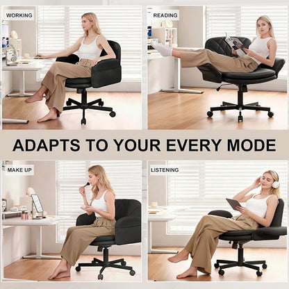 Misolant Criss Cross Chair with Armrests & Wheels for Cross-Legged Sitting, Comfortable PU Leather Vanity Chair, Office Desk Chairs with Adjustable Rocking Function, for Home, Bedroom Black