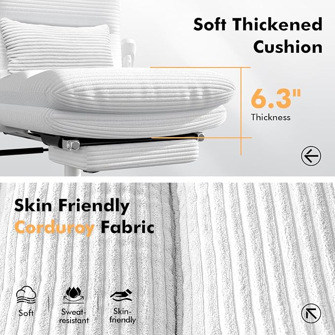 GXJ Criss Cross Legged Office Chair with Flip-up Arms, Footrest, G800 Plus | 6.3" Cushion Relieves Tailbone Pain, Head-Lumbar Support Eases Fatigue, Smooth Rolling Wheels, Corduroy Desk Seating, White