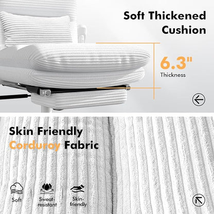 GXJ Criss Cross Legged Office Chair with Flip-up Arms, Footrest, G800 Plus | 6.3" Cushion Relieves Tailbone Pain, Head-Lumbar Support Eases Fatigue, Smooth Rolling Wheels, Corduroy Desk Seating, White