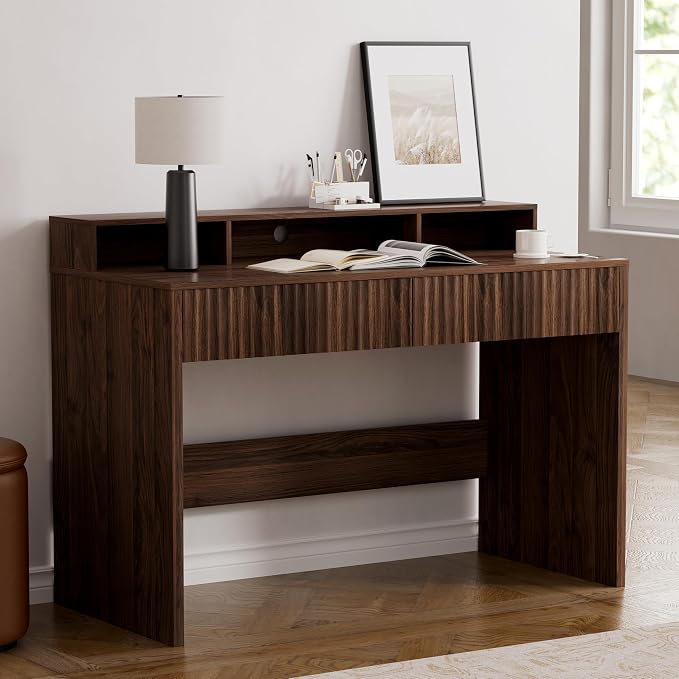 EYYTHUNG Fluted Executive Desk with Storage Shelf, 47" Modern Wood Home Office Desk with Long Monitor Stand & 2 Drawers, Writing Study Computer Table Vanity Desks, Brown
