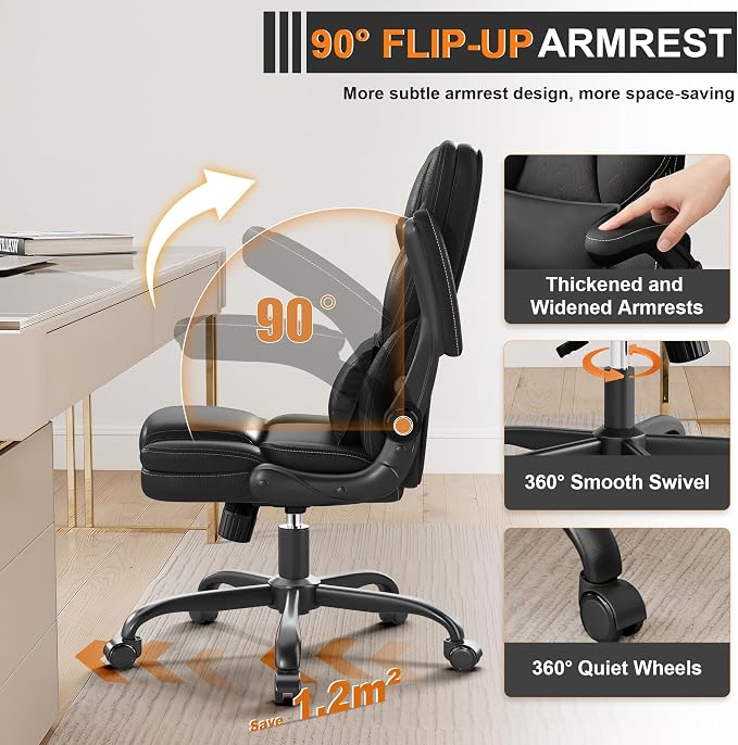 Ergonomic Office Chair with Flip-Up Armrests, Mid Back Executive PU Leather Desk Chair, Height Adjustable with Lumbar Support, Rocking & Swivel Computer Chair for Home Office