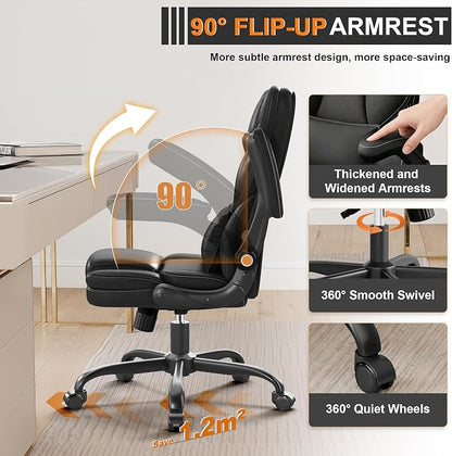 Ergonomic Office Chair with Flip-Up Armrests, Mid Back Executive PU Leather Desk Chair, Height Adjustable with Lumbar Support, Rocking & Swivel Computer Chair for Home Office