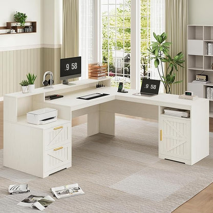 YOMILUVE 63" Farmhouse L Shaped Executive Desk with Drawers & Storage Shelf, Corner Computer Desk with Power Outlets, L Shaped Office Desk with Monitor Stand, Printer Shelf, White