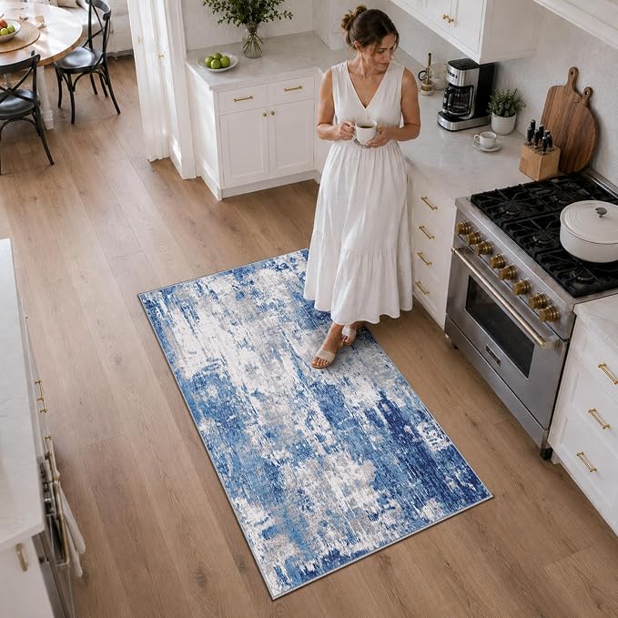 RELEANY Washable Area Rugs 3'x5' Non-Slip Modern Abstract Soft for Living Room Entryway Bedroom Kitchen, Print Pattern, Blue Grey Navy Gray