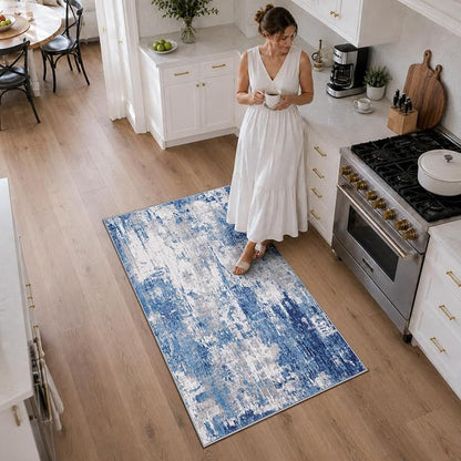 RELEANY Washable Area Rugs 3'x5' Non-Slip Modern Abstract Soft for Living Room Entryway Bedroom Kitchen, Print Pattern, Blue Grey Navy Gray