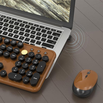 MPTOG Colorful Wireless Computer Keyboard and Mouse Combo with Round Typewriter Keycaps, Retro Design, Power Switch, Ergonomic Design, 2.4GHz Wireless for Windows, Mac, PC(Black-Brown)