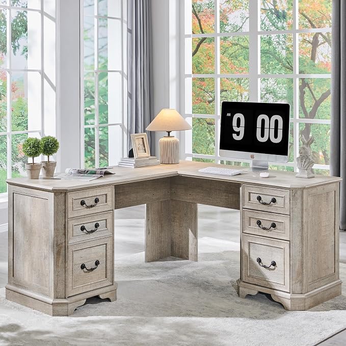 T4TREAM 59" Executive L Shaped Desk with Drawers,Farmhouse Wood Computer Corner Desk, Featuring Charging Station,File Drawer, Storage Cabinet,for Home Office Work and Study (Light Rustic Oak)