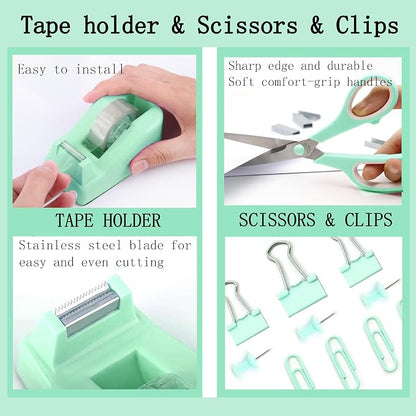 Green Office Desk Accessories Supplies, 12pcs Desk Organizers and Accessories with Tape dispenser and Stapler,Staples,Staple Remover,Pen Holder,Scissor,Ruler,Sticky Tabs,Tape,Ballpoint Pen,Clips Set