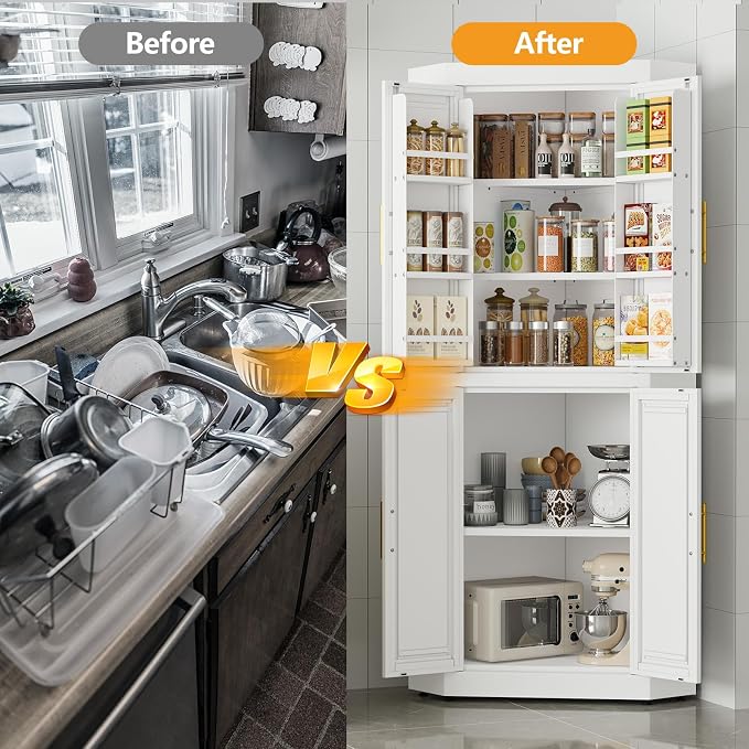 GAIOUS 63" Tall Metal Corner Kitchen Pantry Cabinet, Steel Storage Cabinets with 4 Doors and 3 Shelves, Kitchen Food Cabinets with 6 Door Panel Shelves, Farmhouse Cupboard for Kitchen Dining, White