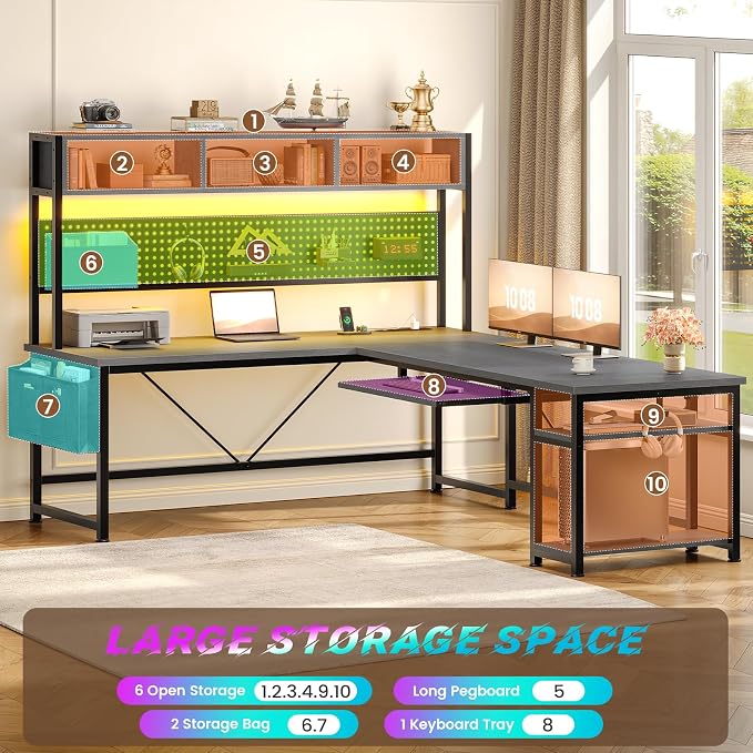 SEDETA L Shaped Desk, 94.5 Inch Home Office Desk with Power Outlet & Pegboard, L Shaped Gaming Desk with LED Light, Keyboard Tray, Storage Shelves and Headphone Hook for Home Office, Grey