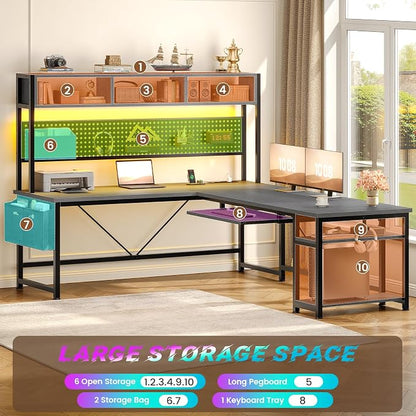SEDETA L Shaped Desk, 94.5 Inch Home Office Desk with Power Outlet & Pegboard, L Shaped Gaming Desk with LED Light, Keyboard Tray, Storage Shelves and Headphone Hook for Home Office, Grey