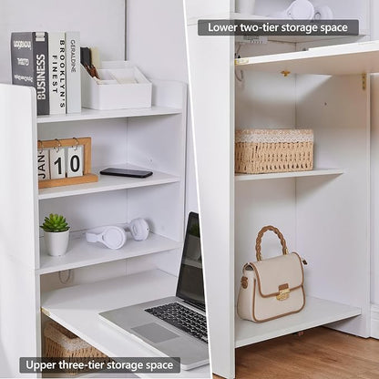 Folding Desk with Storage,Space-Saving Foldable Desk, Wall Mount Fold Out Computer Table for Home Office (White)