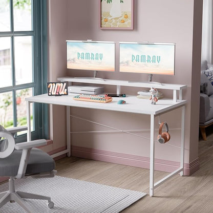 Pamray 47 Inch Small Computer Desk with Monitor Stand, Simple Office Desk with Headphone Hook for Small Spaces, Kids Study Writing Table for Bedroom, White