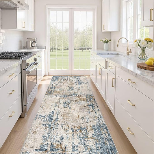 Runner Rug Kitchen Washable Rugs: 3x8 Non-Slip Abstract Soft Modern Stain Resistant Indoor Floor Neutral Accent Throw Carpet for Hallway Bathroom Laundry Room Entryway Bedroom- Blue Tan