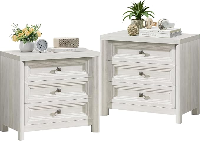 White Nightstand Set of 2, Farmhouse Night Stand with 3 Drawers, Modern Bedside Table with Metal Knobs, Large End Table for Living Room Bedroom Home Office Furniture Storage