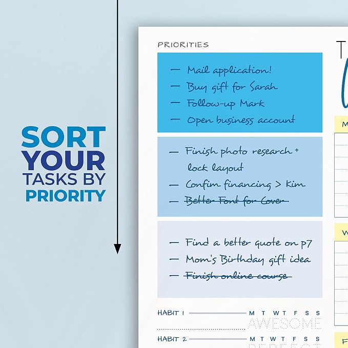Weekly Planner Pad - Undated Planner - To Do List Notepad - Habit Tracker - 11 x 8.5" - 52 Tear-Off Sheets - Daily Planner Undated for Home Work Office Business - Goal Planner - Cute Planner (Blue)