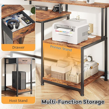 Computer Desk with 55" Long Monitor Stand and 18" Ample Printer Space, Home Office Desk With RGB Lights and 3 AC Power Outlets, Zoned Storage Drawer and File Shelves, Study Desk, Writing Desk, Brown