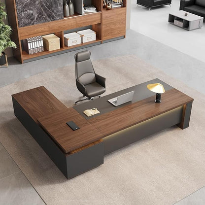 79" Reversible L-Shaped Executive Desk with Locking Drawers, Large Office Desk for Manager Office, Power Outlet, USB Ports, Storage Shelves, Privacy Panel and LED Light, Walnut Gray