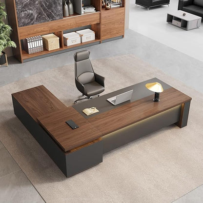 95" Reversible L-Shaped Executive Desk with Locking Drawers, Large Office Desk for CEO and Manager Office, Power Outlet, USB Ports, Storage Shelves, Privacy Panel and LED Light, Walnut Gray