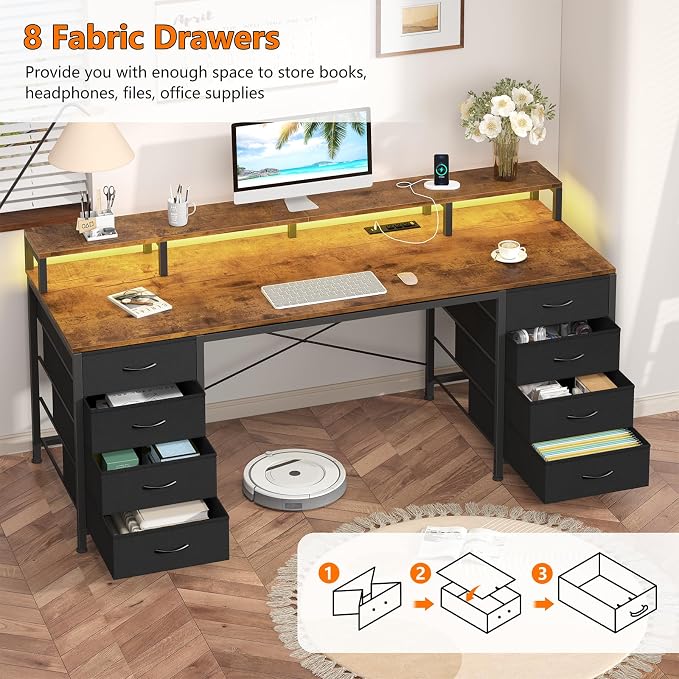 YOMILUVE 60 Inch Computer Desk with 8 Fabric Drawers, Gaming Desk with LED Lights & Power Outlets, Home Office Desk with Monitor Stand, Rustic Brown