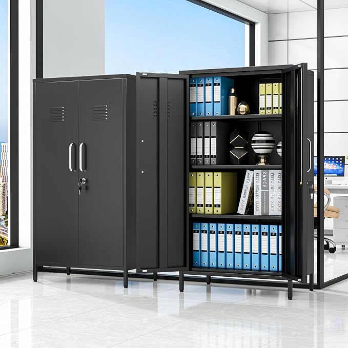 pozdeg 47.24" Metal Storage Locker with Lockable, Employees Metal Steel Locker with 2 Door ＆ 3 Adjustable Shelves, Small Locker Storage Cabinets for Home, School, Office, Gym (Black)