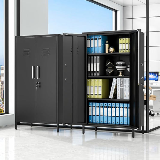 pozdeg 47.24" Metal Storage Locker with Lockable, Employees Metal Steel Locker with 2 Door ＆ 3 Adjustable Shelves, Small Locker Storage Cabinets for Home, School, Office, Gym (Black)