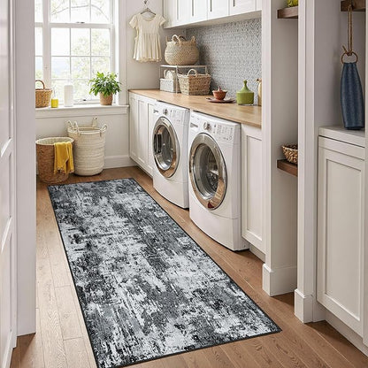 RELEANY Washable Area Rugs 2'x6' Non-Slip Modern Abstract Soft for Living Room Entryway Bedroom Kitchen, Print Pattern, Black Navy Blue Gray