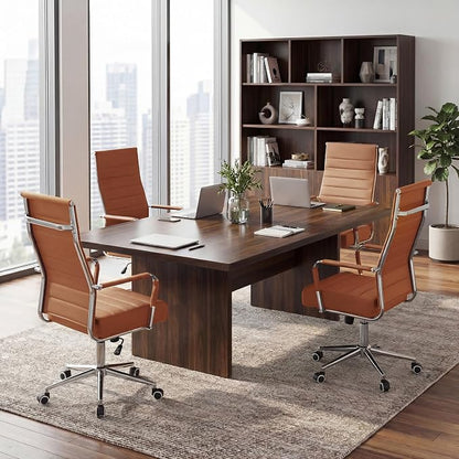 Office Desk Chair,Conference Room Chairs with Wheels and Arms, Modern PU Leather Ergonomic High Back Executive Ribbed Height Adjustable Swivel Chair for Home Office (Brown)