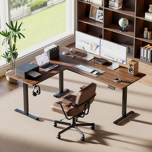 Agilestic Electric L Shaped Standing Desk 63 x 48 Inch with Power Outlet, Height Adjustable Corner Stand up Desk with Cable Management,Sit Stand Home Office Workstation with Splice Board, Dark Walnut
