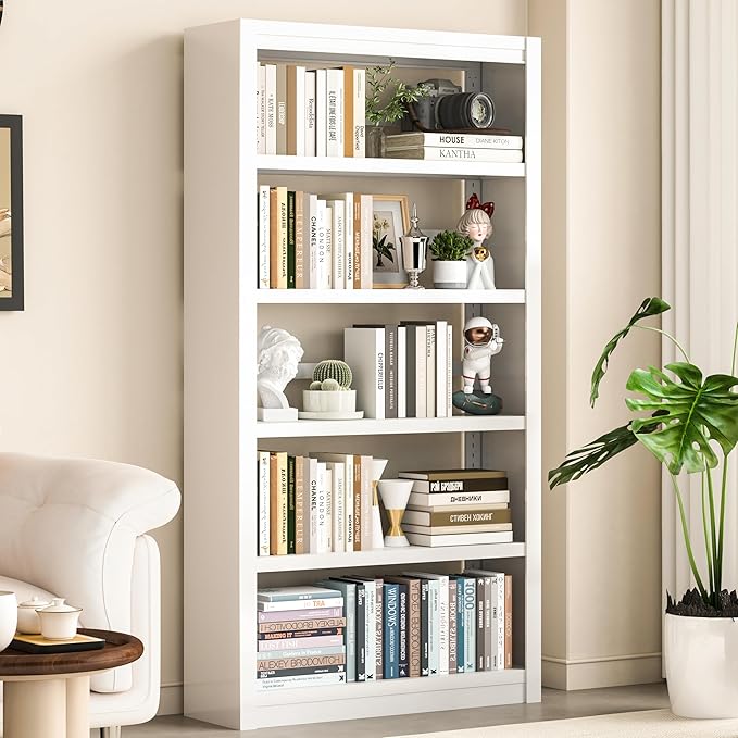 5 Tier Metal Bookcase,69'' Tall Heavy Duty Bookshelf with Open,White Large Adjustable Bookshelves,Sturdy Modern Heavy Duty Display Bookcases for Library,Office,Study Room,Living Room
