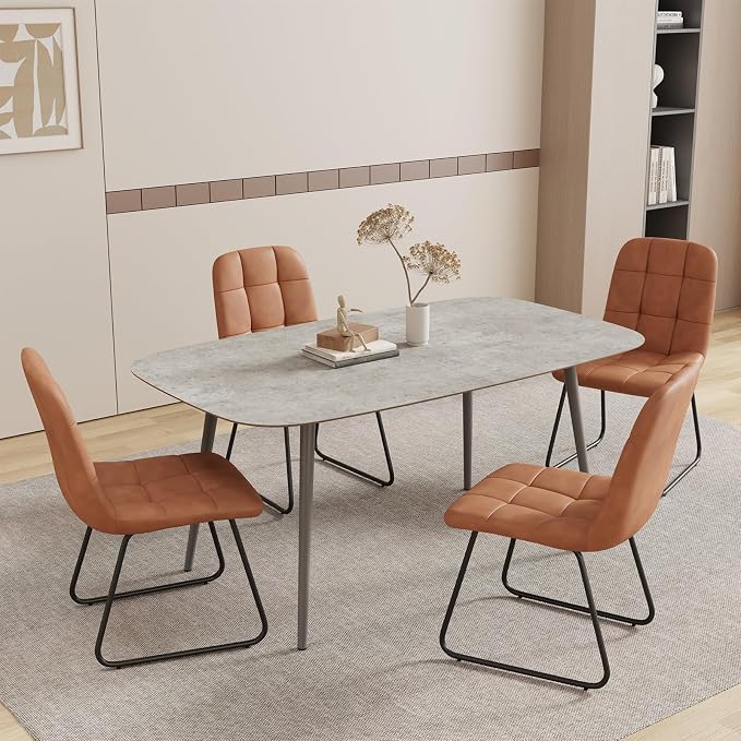 HIPIHOM 55.1'' Dining Table Set for 4,Modern Wood Dining Table,Leather Dining Chairs 4,Table and Chairs Set of 4,Ideal for Kitchen Dining Room (Gray Table + 4 U-Shaped Brown Chairs, 55.1")